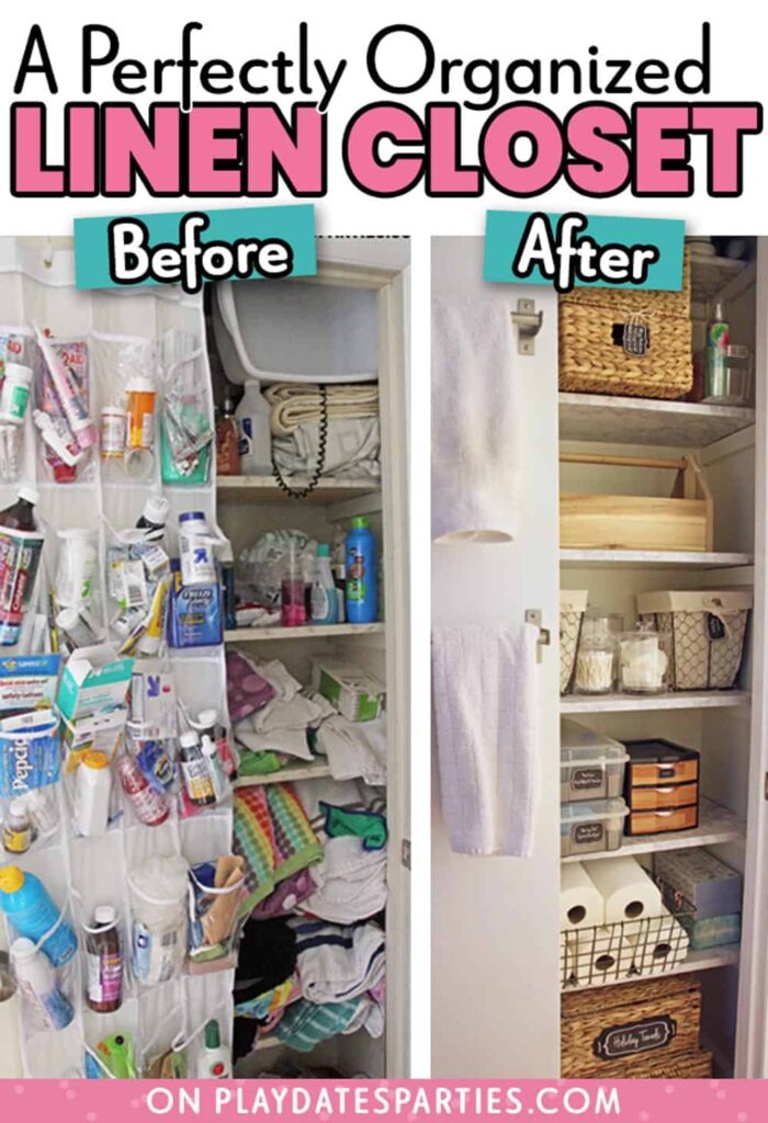 before and after of a cleaned out and organized linen closet