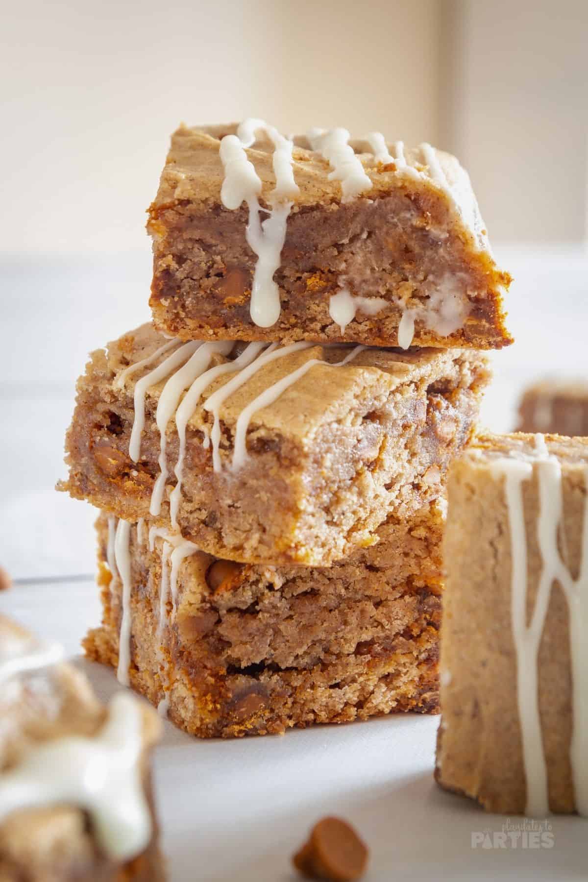 A stack of 3 cake mix blondies with cinnamon chips.