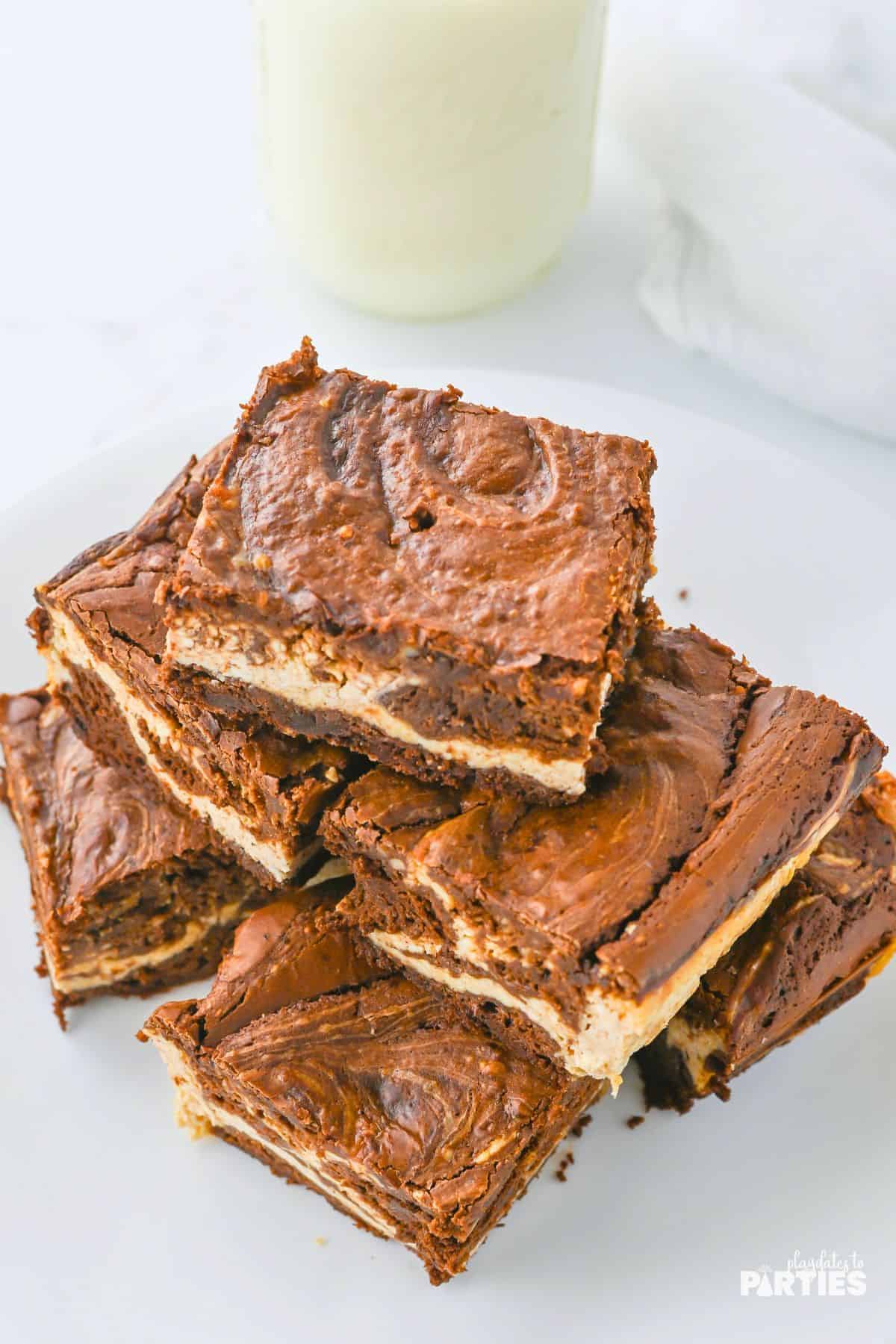 Overhead view of holiday brownies with eggnog.