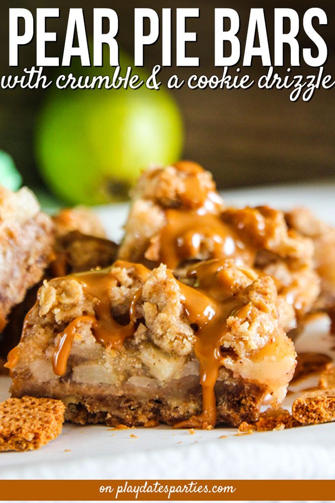 Pie bars are the best way to make simple fall desserts for a crowd. This fun recipe for pear pie crumble bars has a unique cookie butter drizzle that is not only easy, but is also impressive. It’s the perfect treat to make for your Thanksgiving guests that don’t want pumpkin pie. #Thanksgiving #DessertEverything #Bars #BakeSale #Holidays #ChristmasRecipes #HolidayFood #Fall