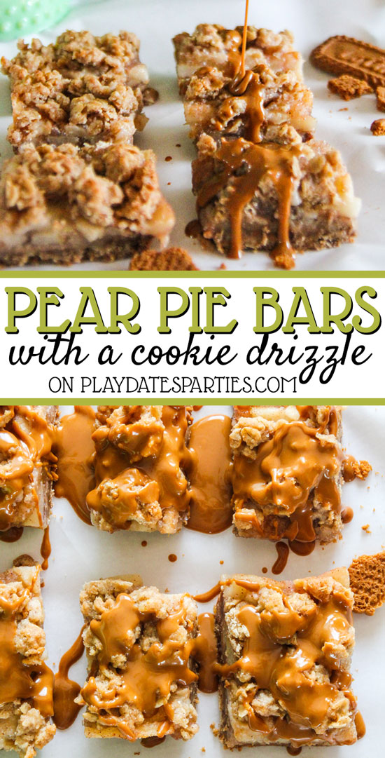 Your guests will love it if you make these pear pie crumble bars with a cookie butter drizzle for Thanksgiving this year. They deceptively simple, and your guests will think you create the most impressive fall desserts!
#Baking #Bars #PartyFood #Desserts #ThanksgivingRecipes #ChristmasDesserts #HolidaySweetTreats #HolidayTreats #Autumn