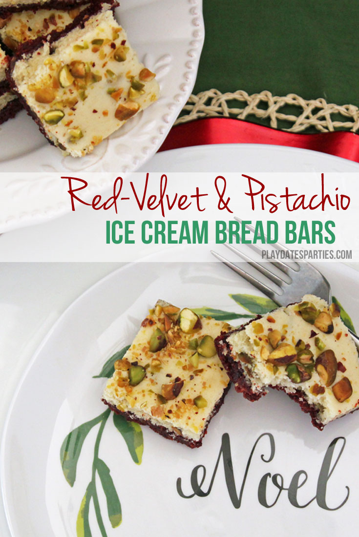 YUM! Ice cream, oreos, and pistachios come together in this amazing #dessert #recipe to create a colorful and flavorful #holiday treat: red velvet pistachio ice cream bread bars