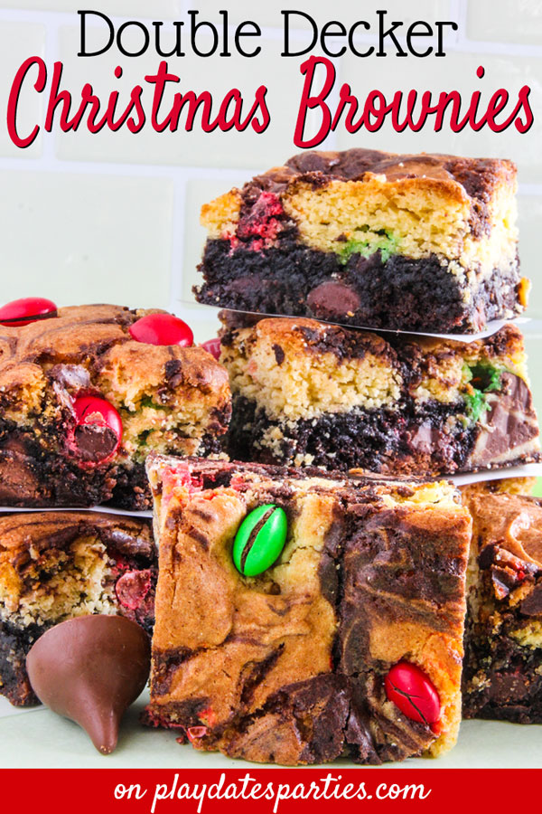 Looking for a make ahead Christmas dessert that is both impressive and easy? Try this recipe for double decker triple stuffed Christmas brownies! No one has to know that you used boxed cake and brownie mix for the layers. Everyone at your holiday party will think that youâ€™ve got the best ideas for holiday baking, even though you barely spent any time making them. #holidayrecipes #ChristmasDesserts #holidayfood #holidaytreats #partyfood #easyholidayrecipes #brownies #chocolate