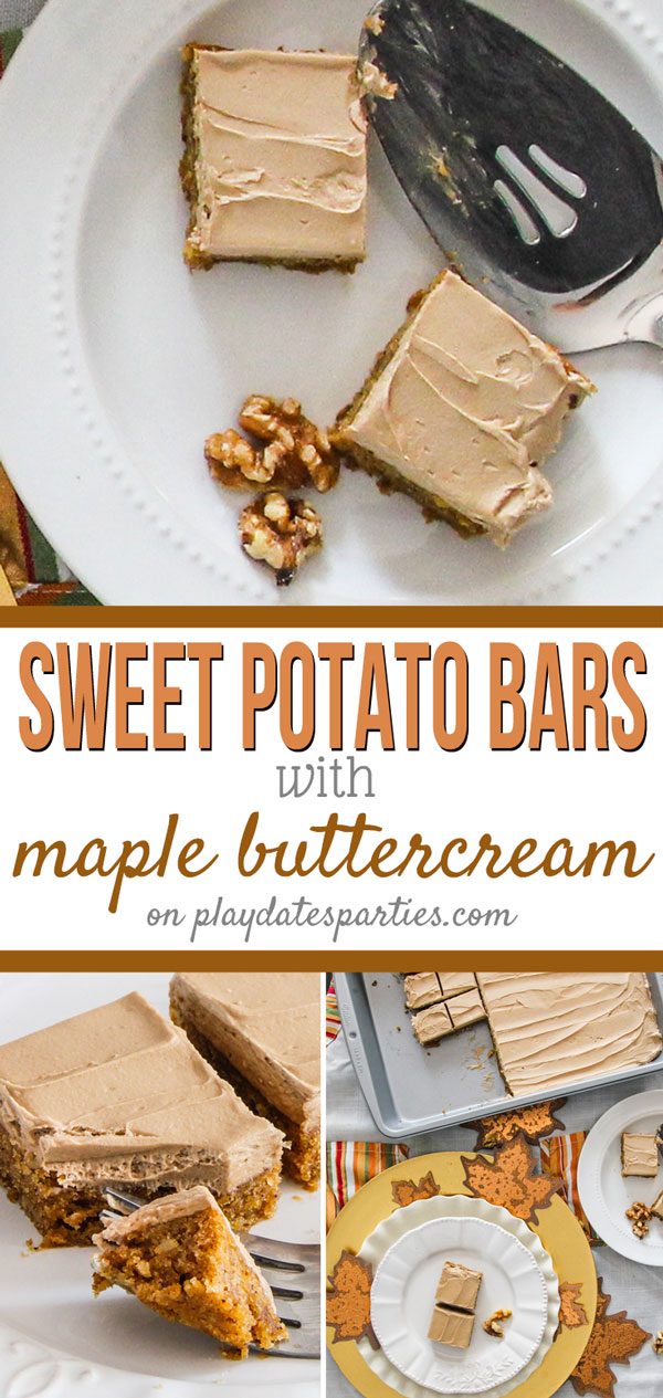 Looking for new Thanksgiving dessert ideas? Try this sweet potato bars with maple frosting recipe! Cut into small squares for a crowd as a creative take on sweet potato recipes for Thanksgiving dessert. They freeze beautifully (even with frosting) Meaning they are an easy make ahead dessert. These bars will quickly become one of the best fall desserts on your menu!
#Recipe #SweetPotato #FallBaking #PartyFood #HolidayRecipes #Desserts #Holidays #HolidaySweetTreats #Thanksgiving #ChristmasRecipes