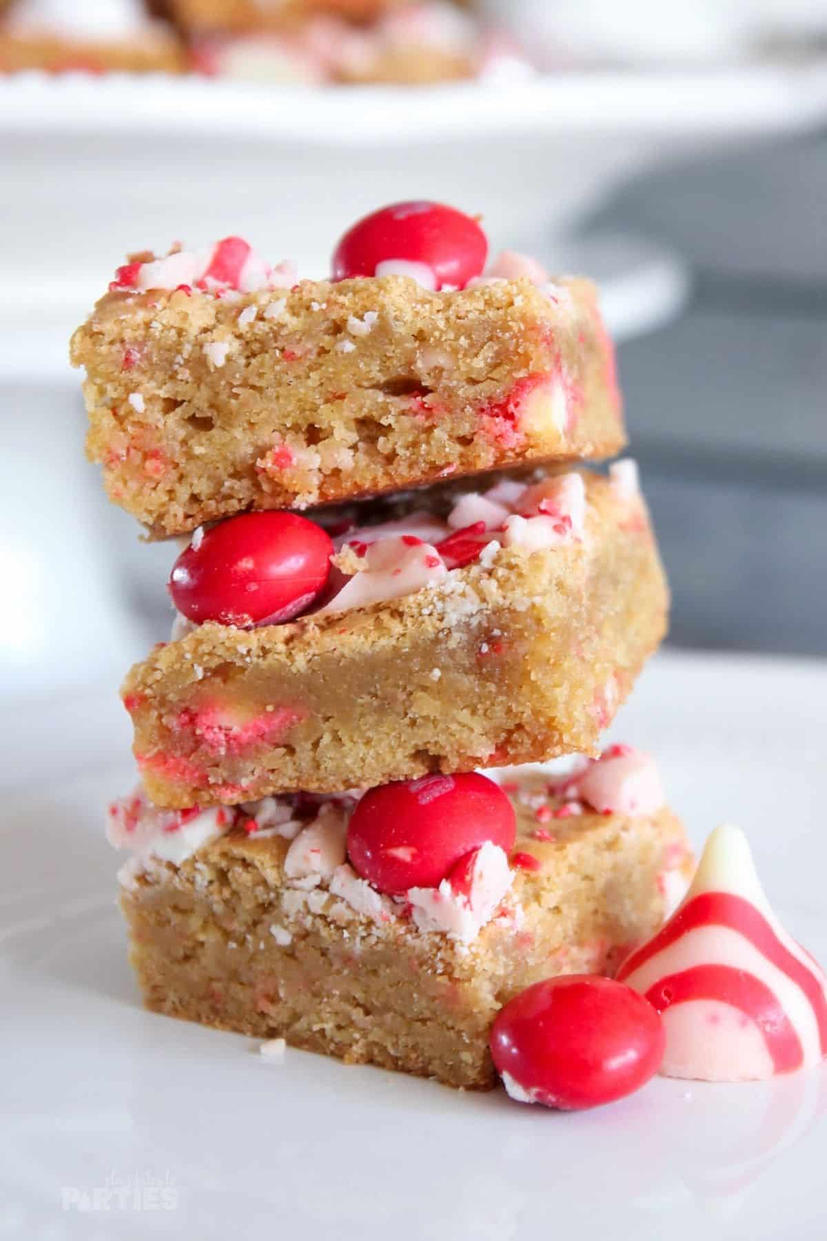 Looking at the side of the peppermint blondies, you can see the center is perfectly dense and chewy.