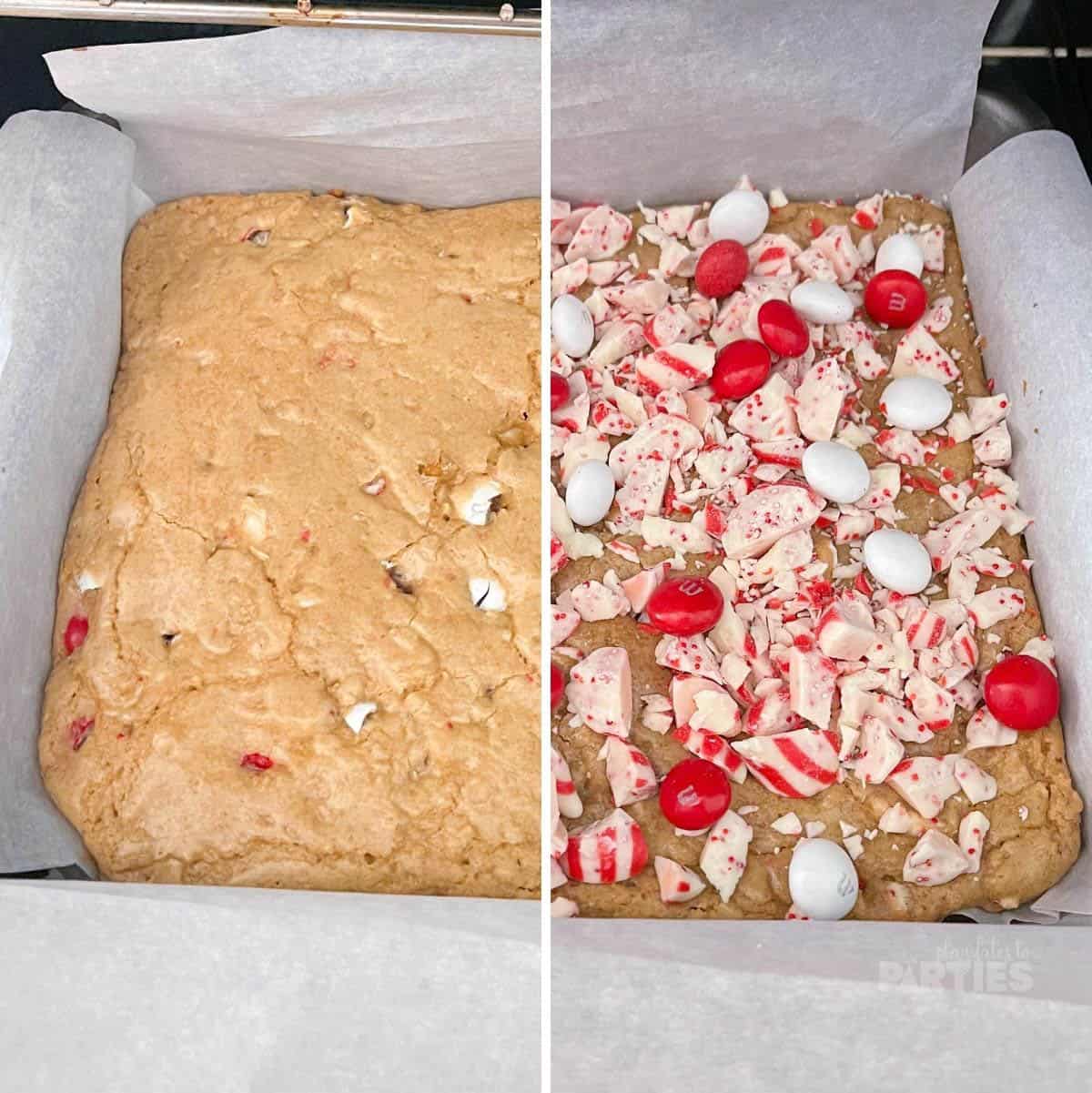 Blondies baked and candy added on top.