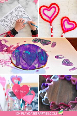Collage of heart shaped Valentine's Day crafts for kids.