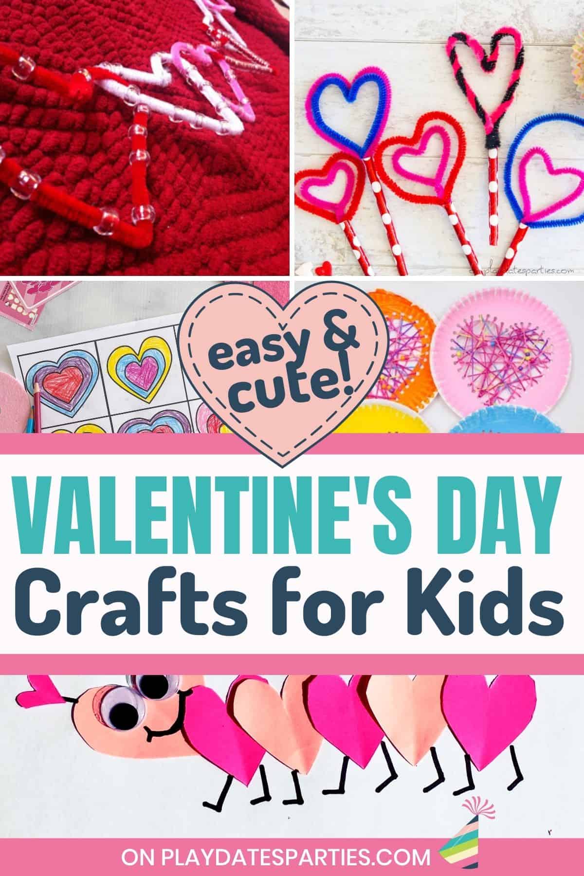 Collage of heart shaped Valentine's Day crafts for kids.