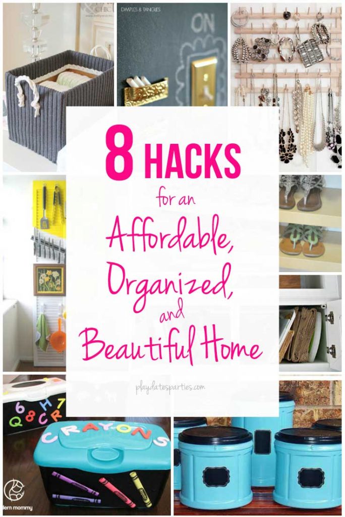 Affordable Organization Hacks: 8 beautiful ways to get your home organized in the kitchen, the bedroom, and the toy room.