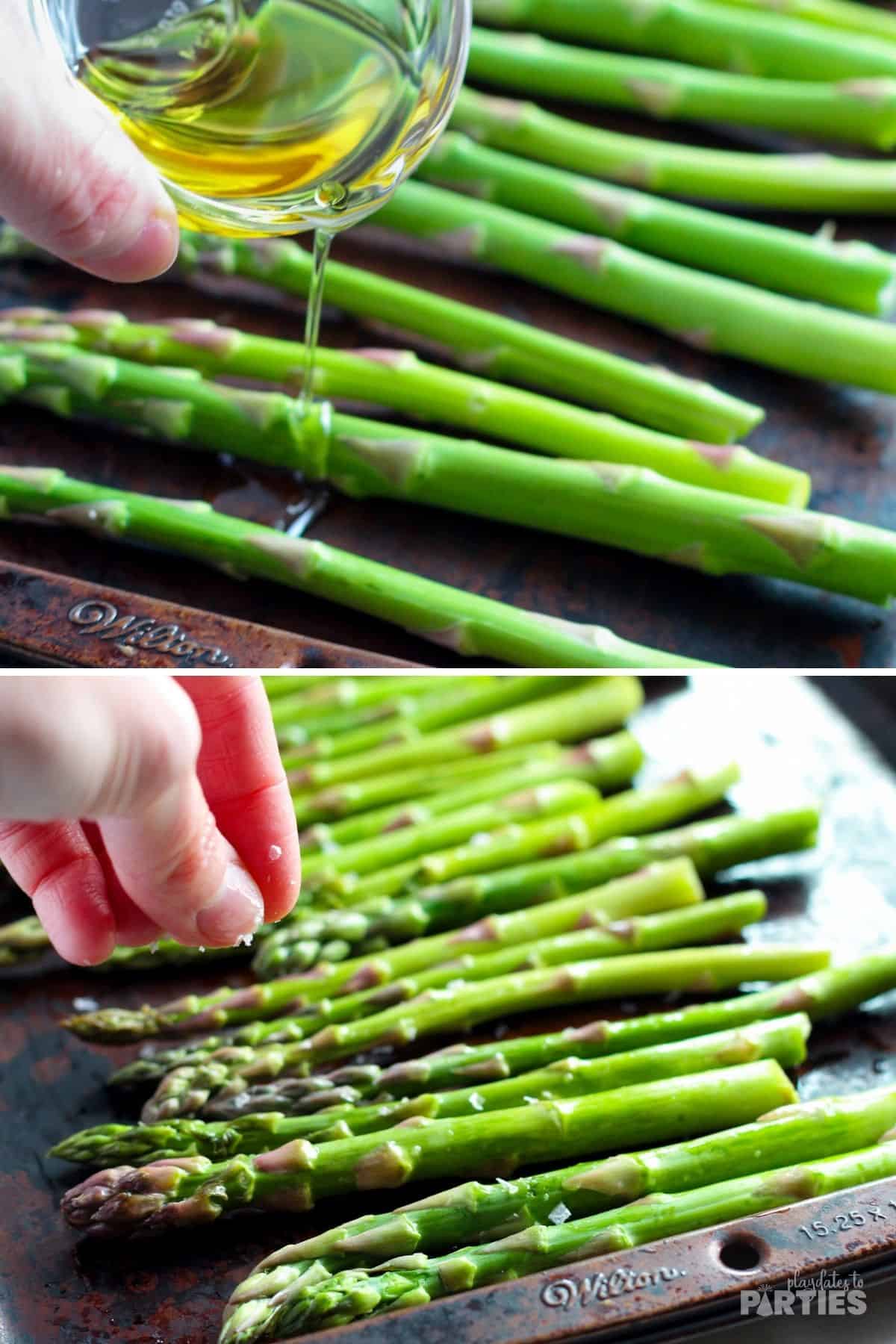 Seasoning asparagus spears on a pan.