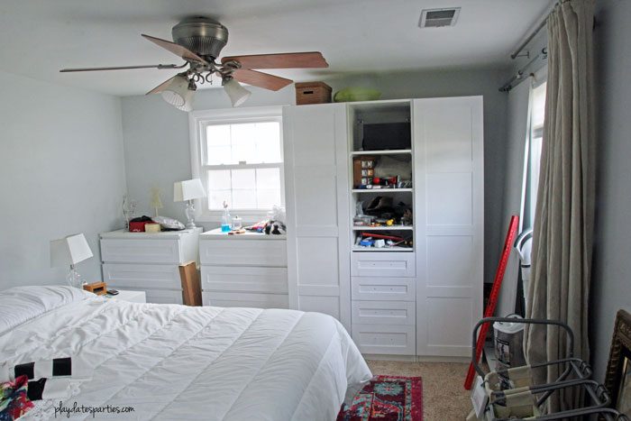 Four weeks into a complete 6-week master bedroom renovation, the big picture start to come together. Details include customized Ikea Pax cabinets, drop cloth curtains, and mid-century modern nightstands. But will it get done in time?