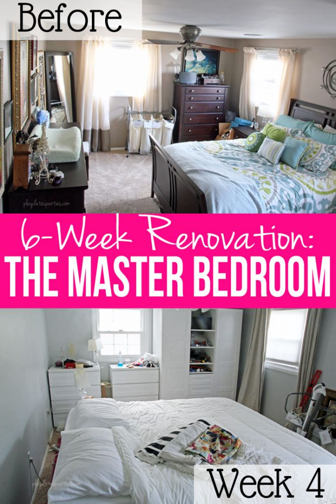 Four weeks into a complete 6-week master bedroom renovation, the big picture start to come together. Details include customized Ikea Pax cabinets, drop cloth curtains, and mid-century modern nightstands. But will it get done in time?