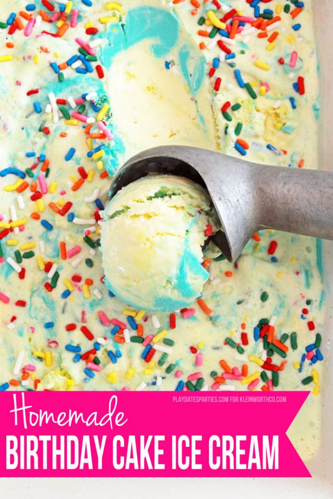 Celebrate anytime with birthday cake ice cream! It all starts with ice cream that tastes just like your favorite butter cake. Then bits of real yellow cake and plenty of rainbow sprinkles are added in before folding in a blue frosting ribbon.