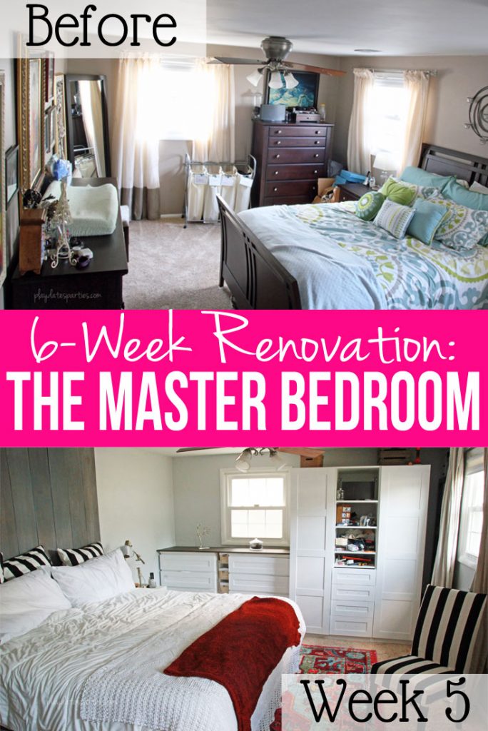 Can you completely change a room in just 6 weeks? In this master bedroom renovation week 5, things are finally coming together, including a sliding pocket mirror, faux vertical shiplap headboard, and a storage wall from multiple customized Ikea products.