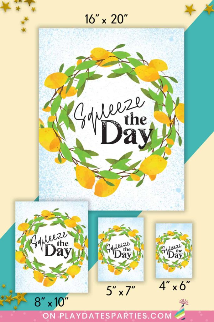 Squeeze the Day lemon art print shown in four sizes against a colorblock background