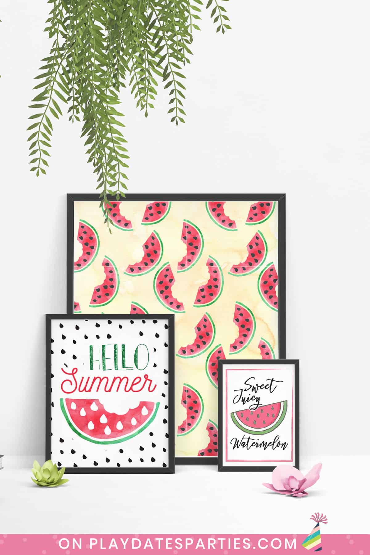 three framed art prints with a watermelon theme