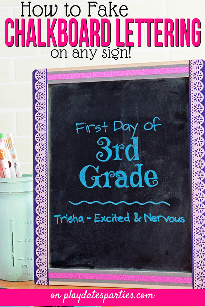 I hate my handwriting, but love the look of gorgeous chalkboard lettering for back-to-school signs and parties. With this easy DIY tip, I can actually get the look of pretty fonts and handwriting without hours of practice! #chalkboard #lettering #chalklettering #crafting #diydecor #tutorial