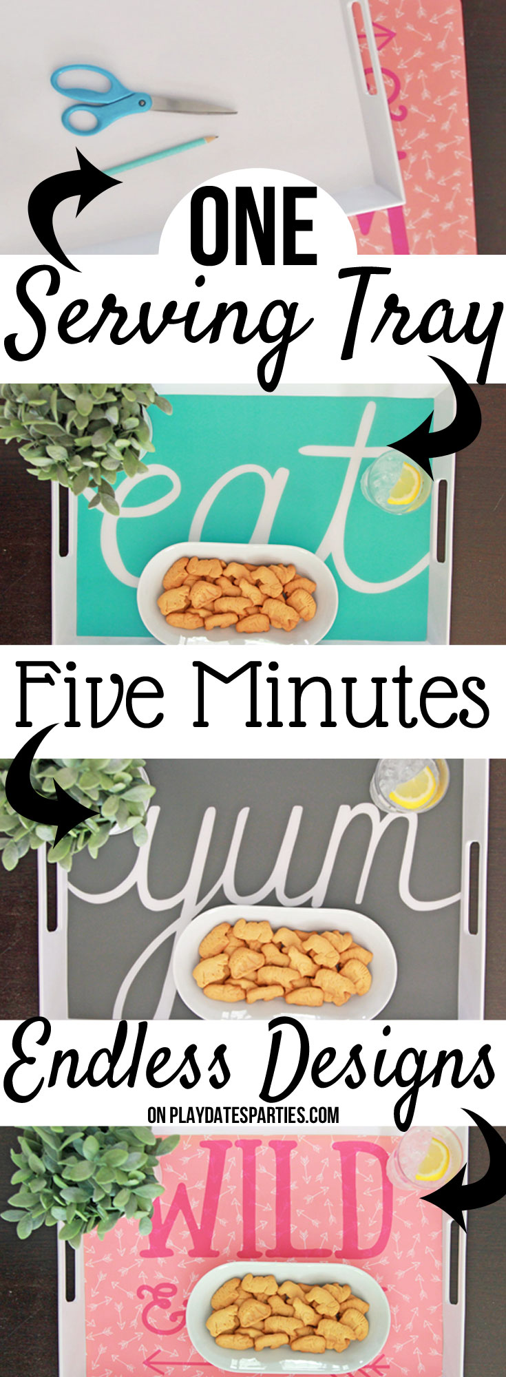 Changing up your #party #decorations doesn't mean you have to buy new every time. Instead, learn how to make an interchangeable serving tray decoration for every party with this cheap and easy 5-minute #DIY home decor craft.