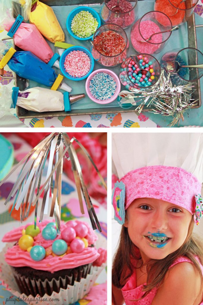 Putting sprinkles and frosting in individual containers on a tray for a bake shop party keeps the decorations contained until it's time to get started!