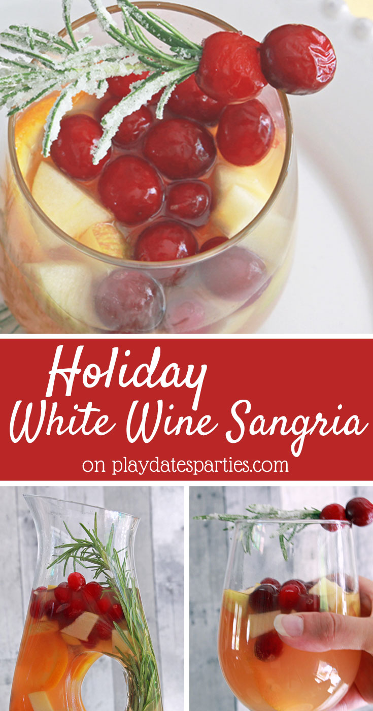 Looking for a fun drink to share with friends and family at holiday parties? White wine holiday sangria is an easy big batch recipe that you can make for parties or happy hour at home. Filled with seasonal fruit and garnished with frosted rosemary, it’s the perfect holiday drink
#Christmas #ChristmasDrinks #ChristmasCocktails #CocktailRecipes #partyideas #drinkrecipes #Christmasrecipes #cocktails #wine