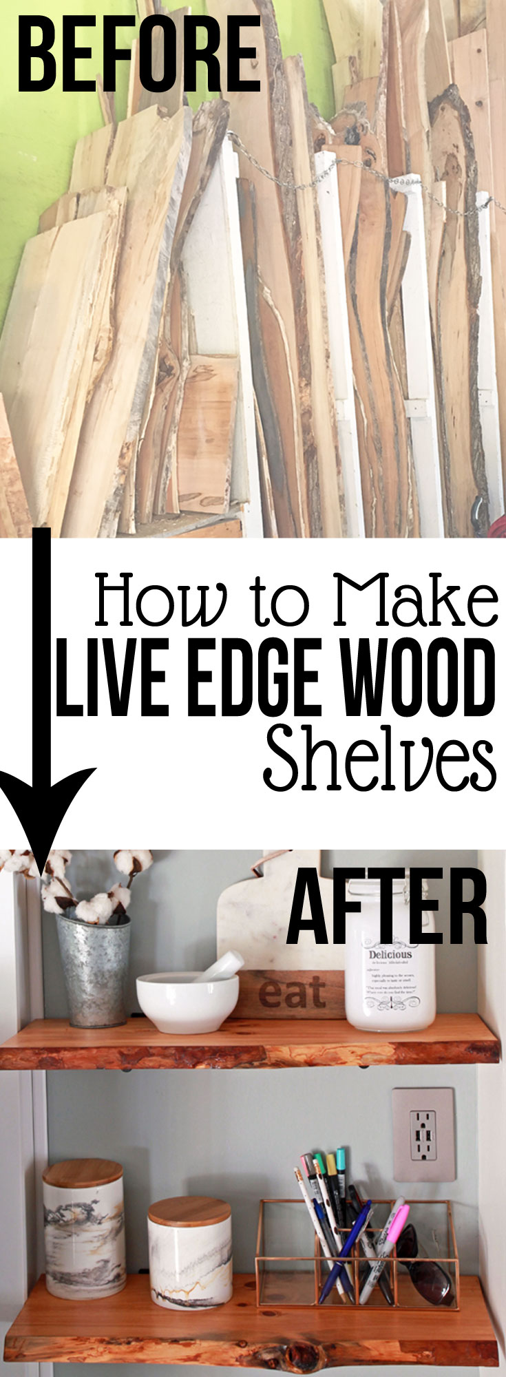Take your modern farmhouse decor to the next level with live edge wood shelves! Here are ALL the DIY home decor tips you need to find, prepare, and mount your own floating live edge wood shelves.