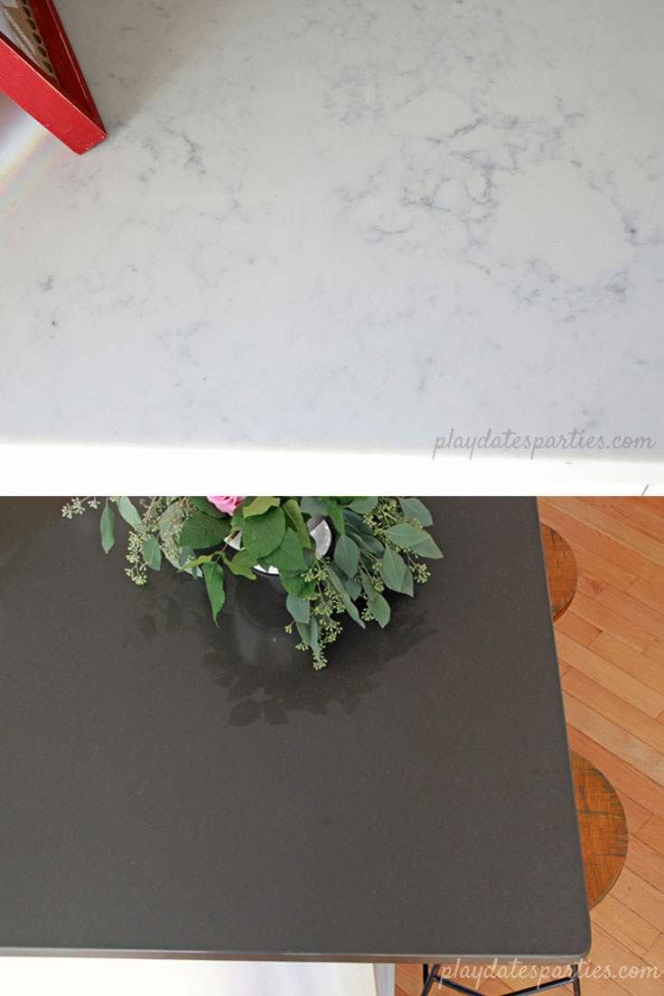 Quartz countertops in faux marble and grey compliment oak floors perfectly in this small white kitchen. 