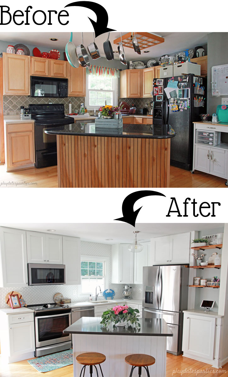 Big style can fit in #small spaces! Take a look at the before and after of this small white kitchen renovation. Including faux marble quartz countertops, #DIY wood shelves, light wood floors, and modern white tile for a clean and classic home #design.