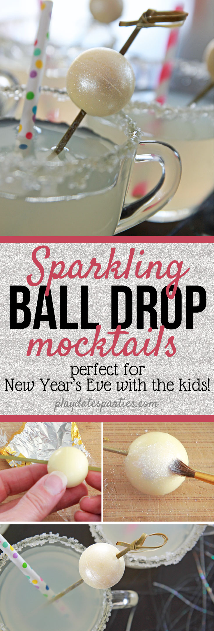 This ball drop garnish new year's eve mocktail for kids is the perfect way to add a little sparkle to your New Year's Eve celebration. It's festive, fun, and easy to pull together too! #newyear #kids #virgin #cocktails #mocktails #recipes
