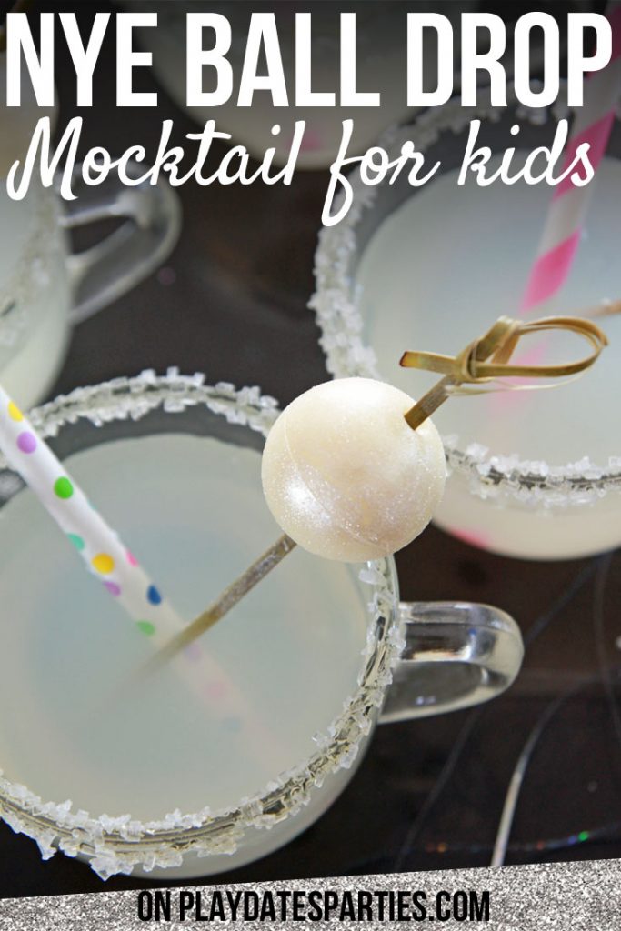 One of my favorite things is to come up with New Year's Eve party ideas for the family, and that includes fun DIY drink decorations. Seriously, there's nothing quite like edible glitter and chocolate to make kids happy. Put them together and you have this simple New Year's Eve ball drop garnish. Such a fun and easy way to add a little style to the kids' drinks for a celebration at home. #newyear #NYE #kids #mocktails #recipes