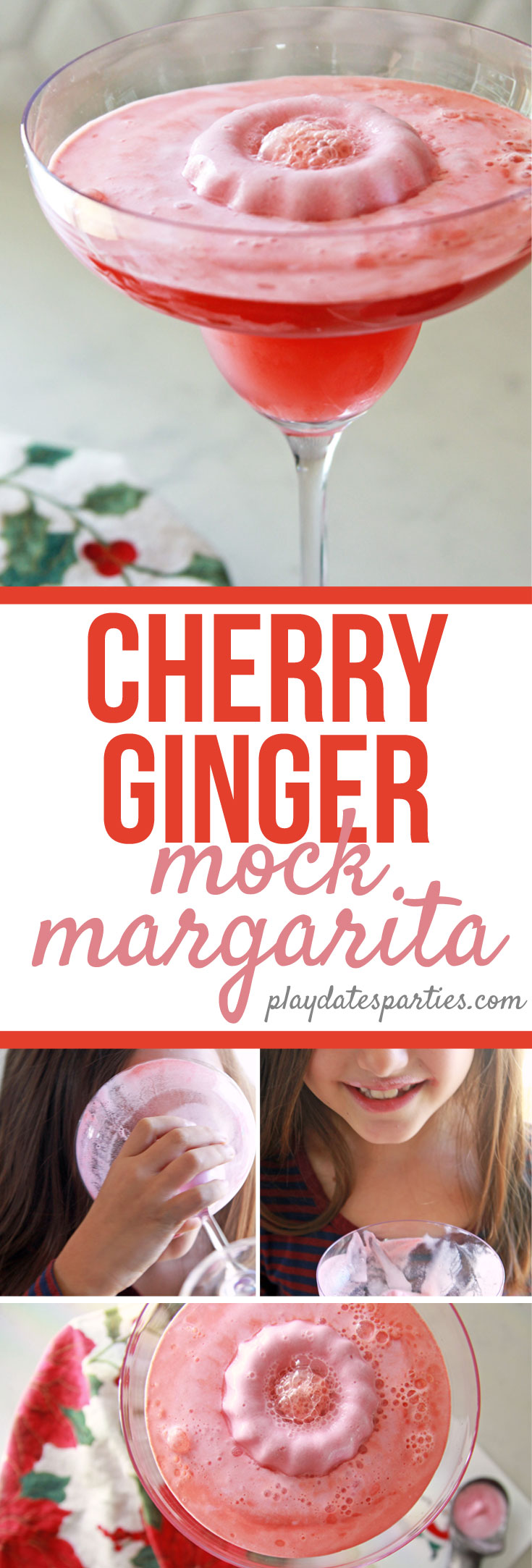 This cherry ginger mock margarita recipe is the perfect Christmas #party drink for #kids to enjoy. They'll love the bright color, fruity flavor, and sherbet wreath in the center of the drink. #virgin #cocktails