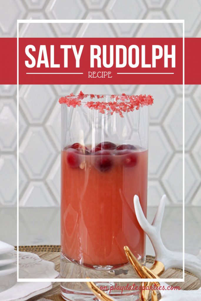 The Salty Dog cocktail gets a holiday update into the Salty Rudolph Cocktail, with cranberry, orange, the classic salted rim, and a surprising twist at the end. #Christmas #drinks #recipes