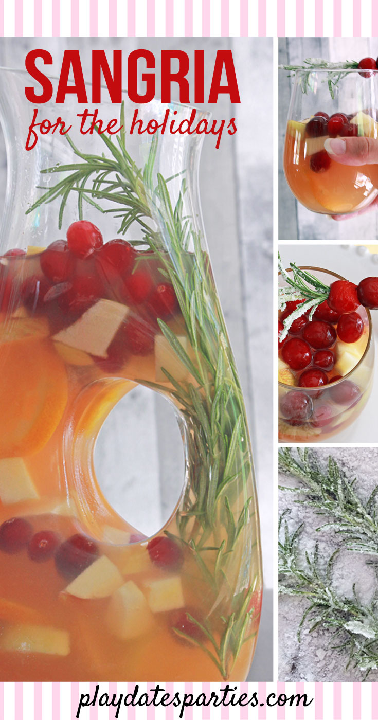 Your holiday brunch needs a pitcher of this white wine holiday sangria with rosemary and cranberries. It's gorgeous right in the pitcher, but the sangria recipe is made even prettier with a garnish of sugar frosted rosemary speared cranberries.