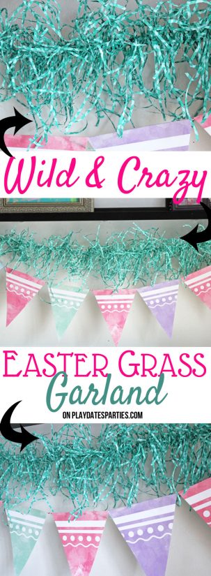 Just by using some paper Easter grass and some hot glue, you can make this easy Easter garland that adds some fun to your holiday decor. Head on over to playdatesparties.com to get the full tutorial. #Easter #craft #budget #holiday