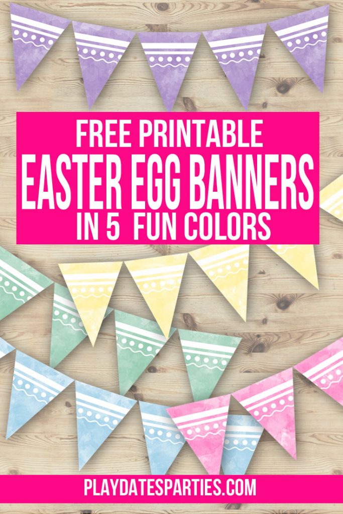 mockup of pastel watercolor bannners in blue, pink, green, yellow, and purple with text overlay free printable Easter egg banners in 5 fun colors