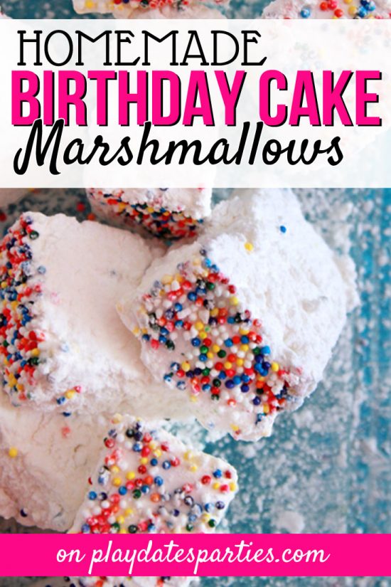 Filled with buttery flavor and coated with your favorite sprinkles, birthday cake marshmallows are a fun way to celebrate anytime. Head over to playdatesparties.com to see the full recipe, including tips for making the best marshmallows possible! #marshmallows #recipe #birthdaycake #sprinkles