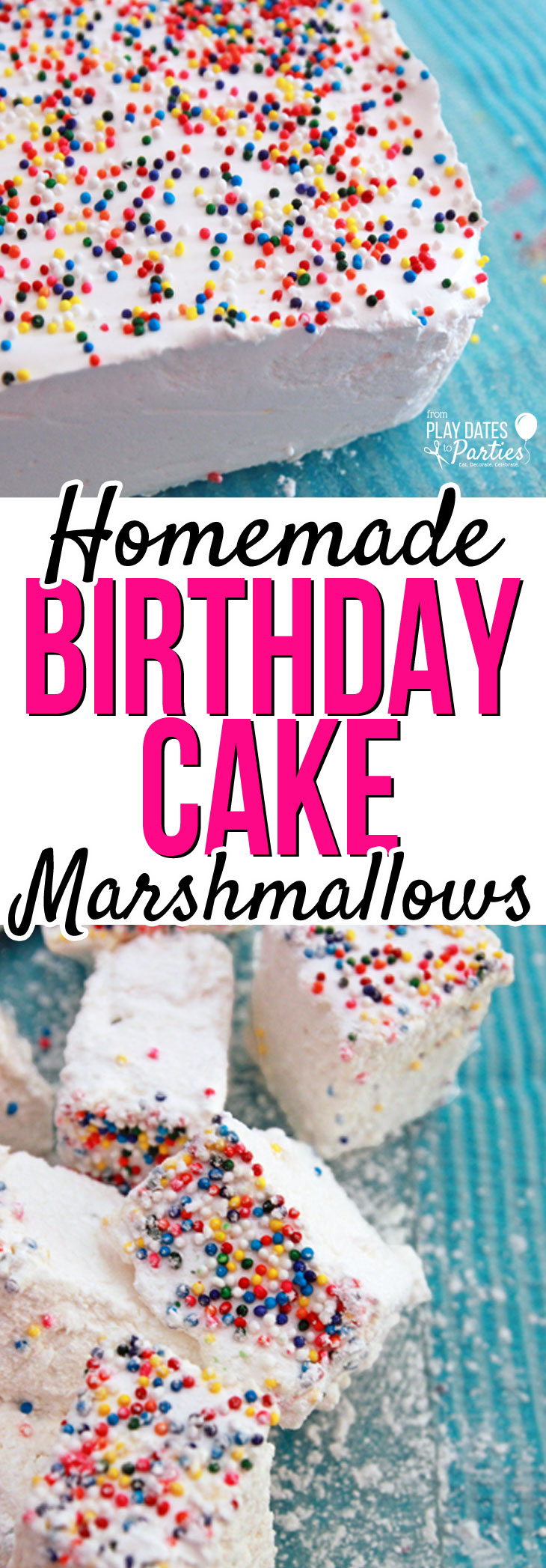 Filled with buttery flavor and coated with your favorite sprinkles, birthday cake marshmallows are a fun way to celebrate anytime. Head over to playdatesparties.com to see the full recipe, including tips for making the best marshmallows possible! #marshmallows #recipe #birthdaycake #sprinkles