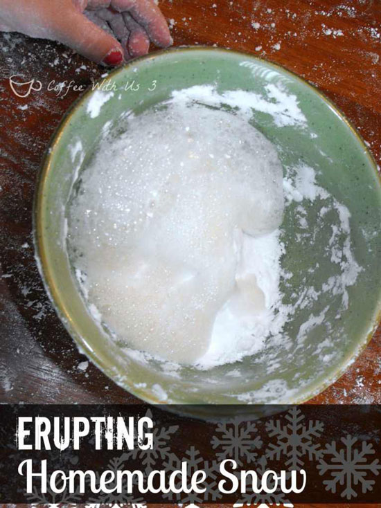 A picture of bubbling shaving cream crafts with baking soda and vinegar, with a text overlay "Erupting Homemade snow"