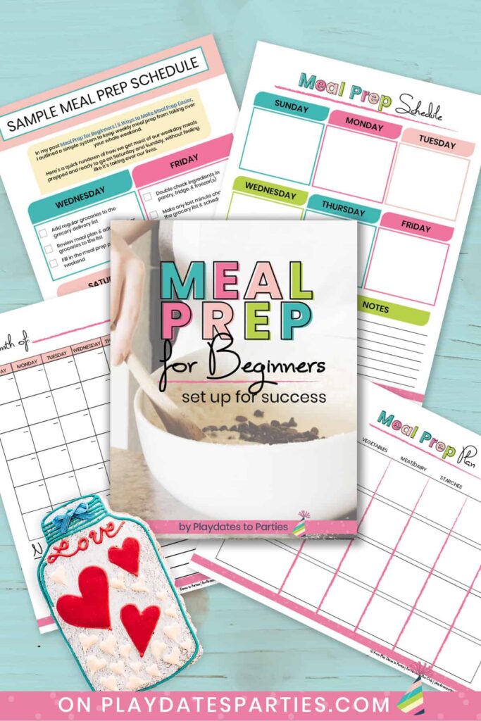 mock up of 5 pages of meal prep for beginners mini ebook on a light blue background