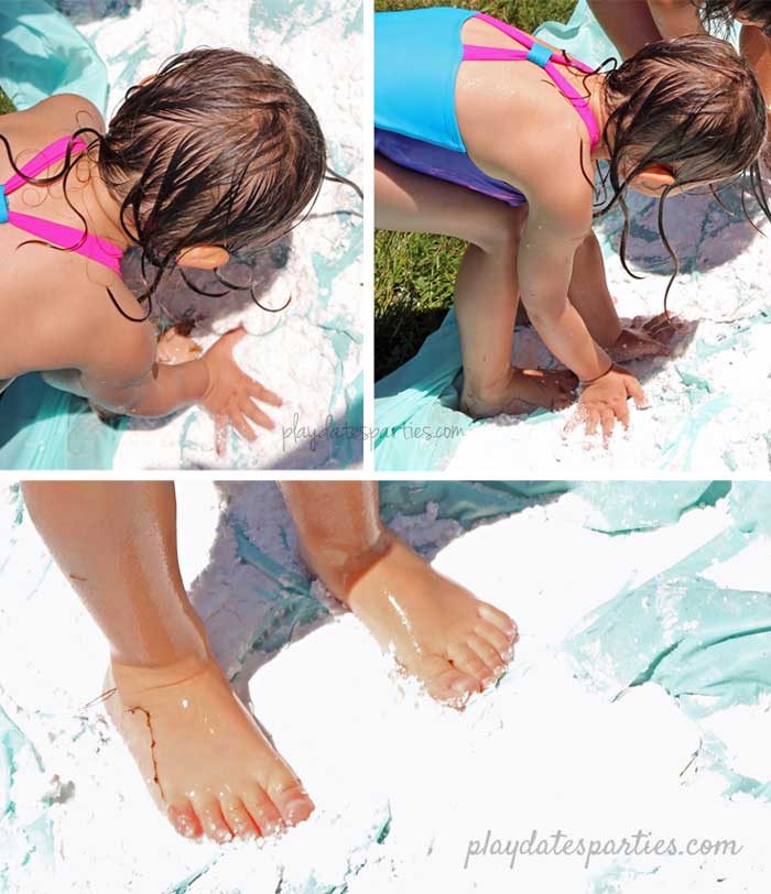 Collage of a girl playing with fake shaving cream snow