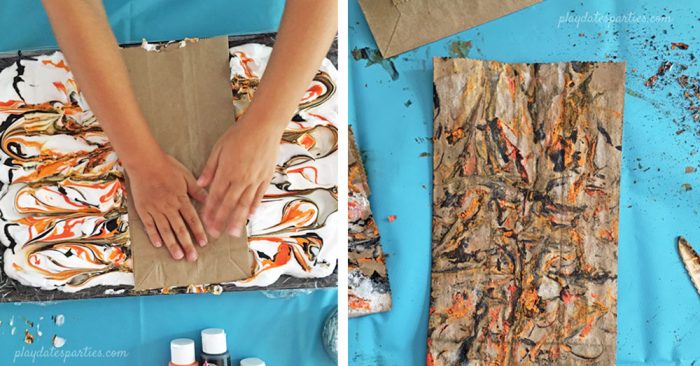 Collage of shaving cream craft with a child pressing paper bags into paint swirled shaving cream and the bag design after the craft is finished.