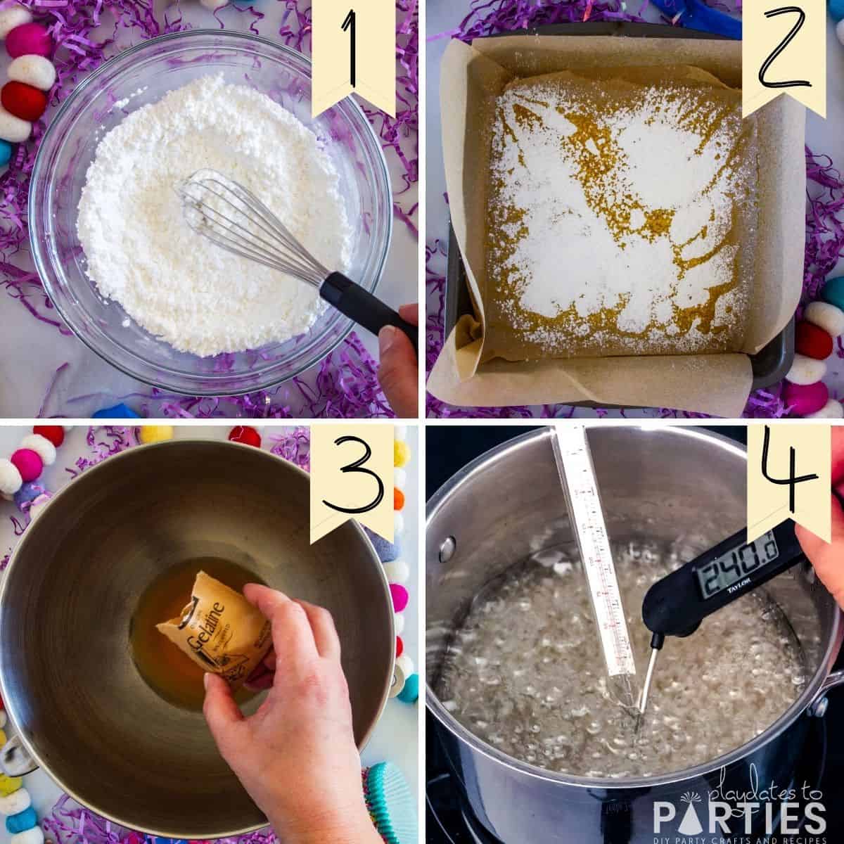 steps 1 through 4: combining powdered sugar and corn starch, preparing the pan, mixing wet ingredients with gelatin, boiling sugar water and corn syrup