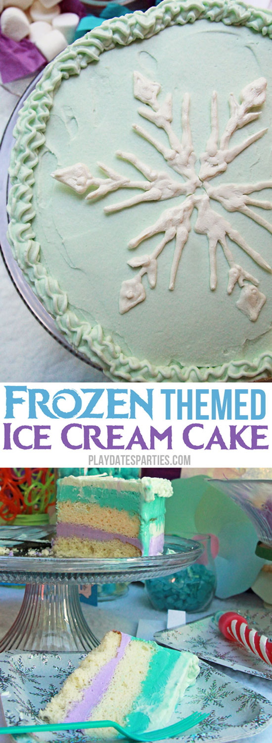 A collage of a frozen themed ice cream cake with a piped snowflake on top and layers of purple and teal ice cream with vanilla cake