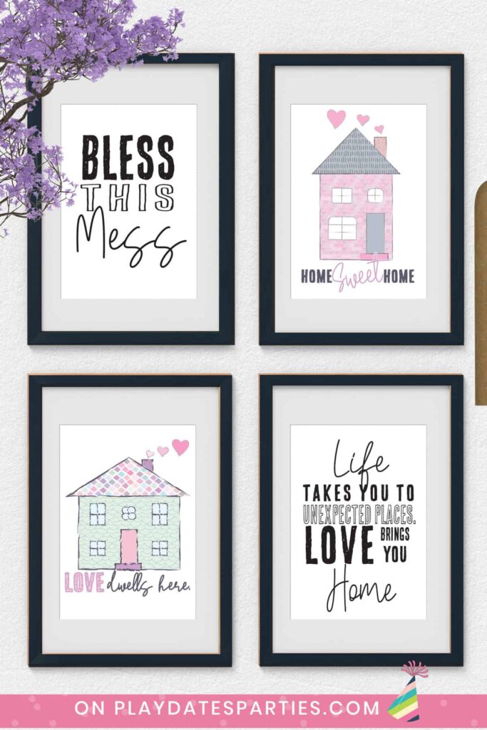 four framed prints on a wall. Two are of colorful homes and two are inspirational quotes about home