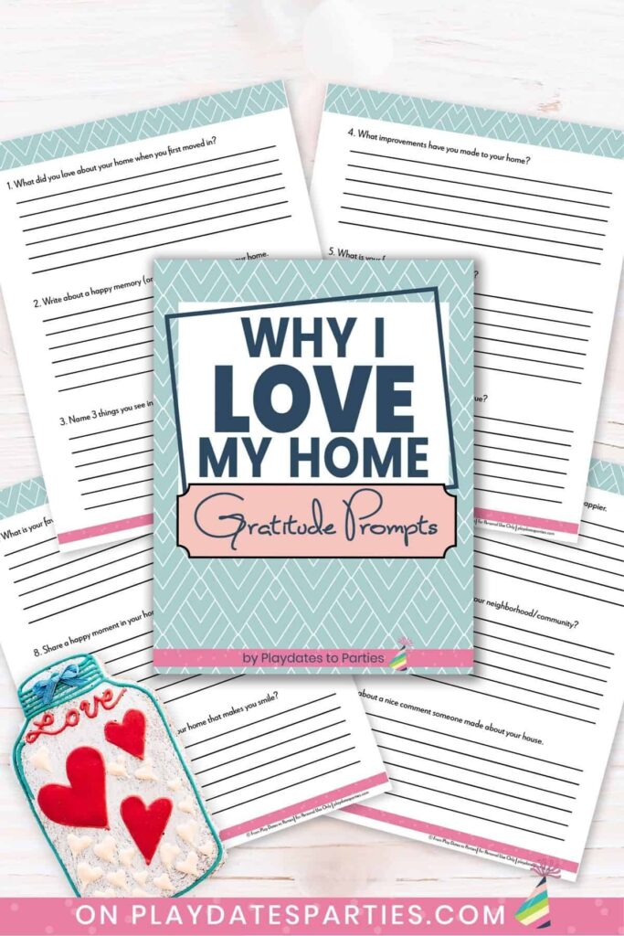 Mockup of pages from Why I Love My Home Gratitude Prompts Journal on a marble surface