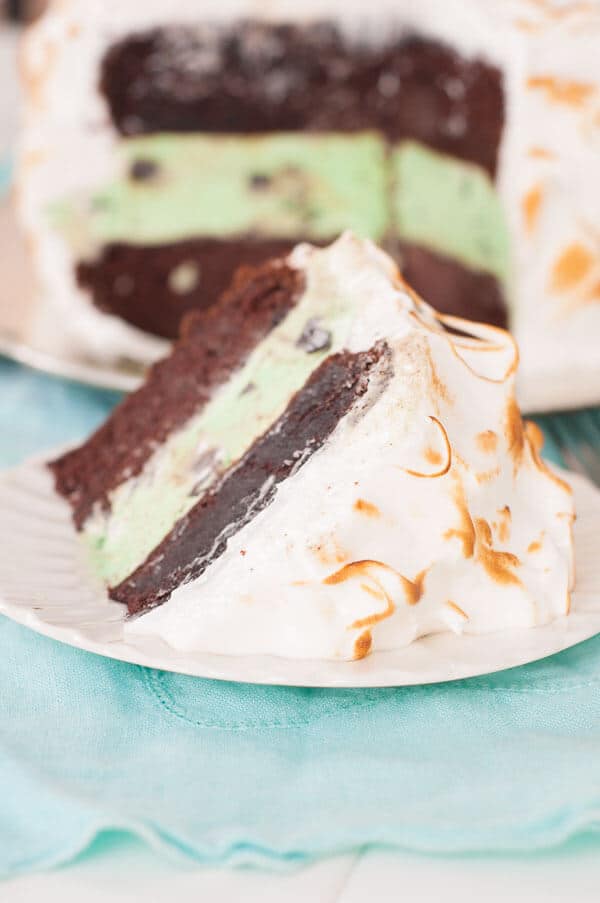 Baked Alaska cake slice showing the layers of mint chocolate ice cream and chocolate cake