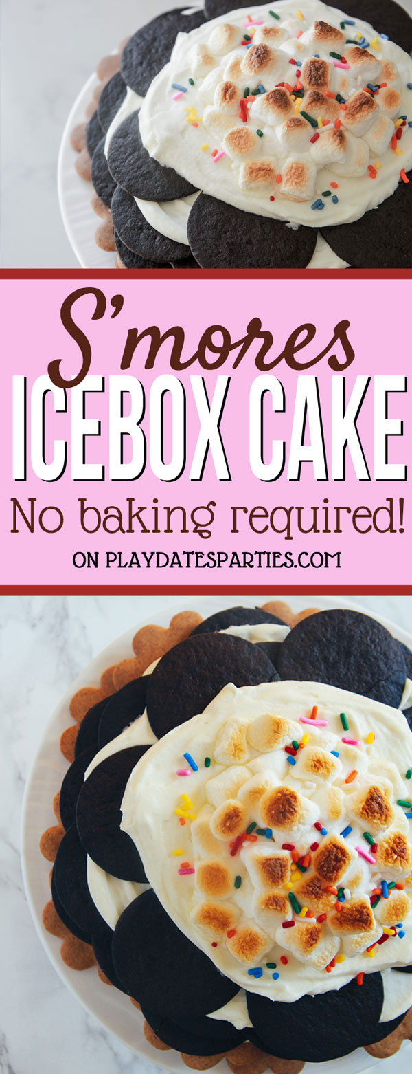 Want an impressive treat for your summer party WITHOUT turning on the oven? Head over to playdatesparties.com to get the recipe for this deliciously easy s'mores icebox cake!
#cake #recipe #smores #easyrecipes #PDPsweets #PDPcelebrates