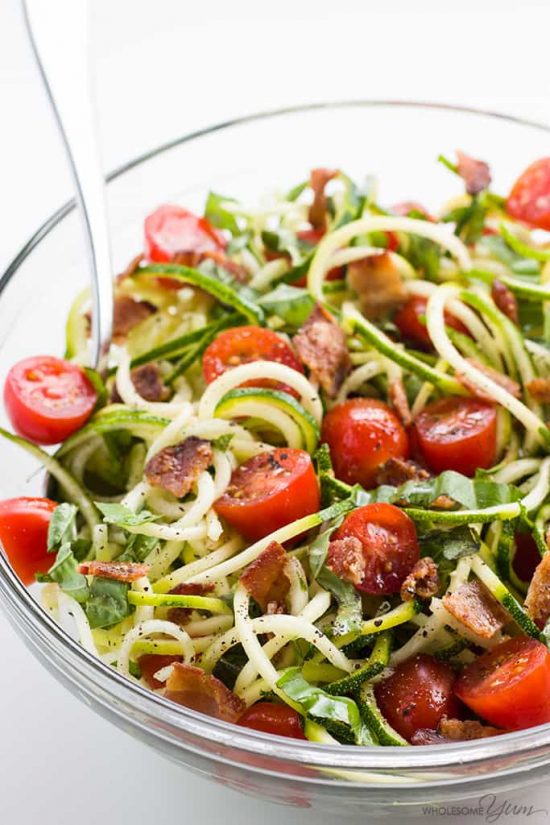 Zucchini Noodle Salad with Bacon and Tomatoes at Wholesome Yum