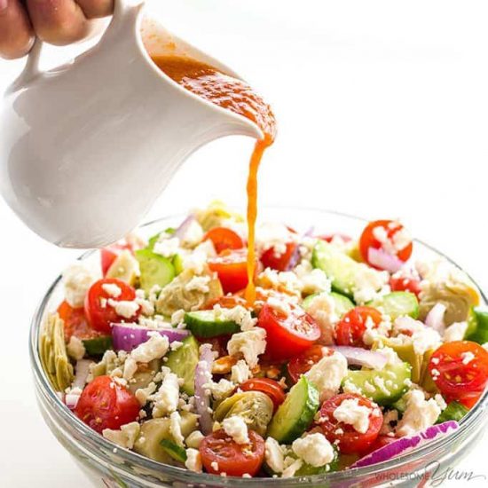 Mediterranean Salad with Sun Dried Tomato Vinaigrette by Wholesome Yum