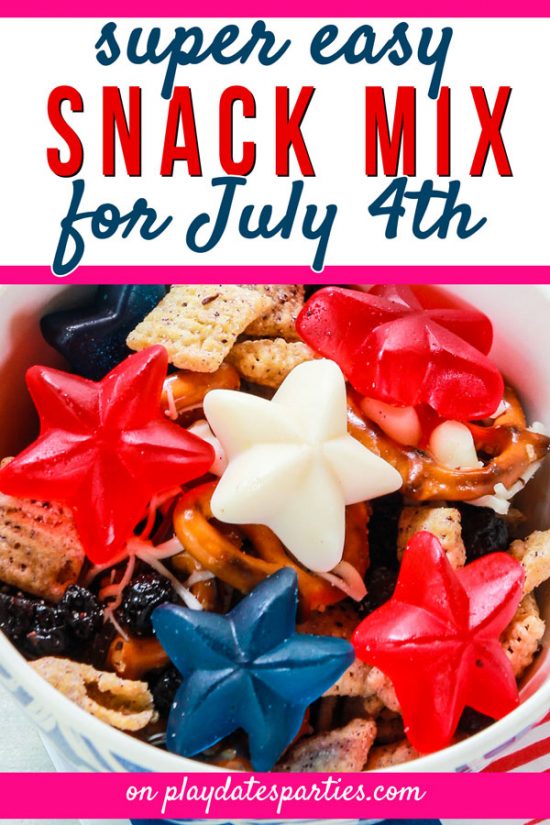a close up of patriotic snack mix with red white and blue gummy stars and the text super easy snack mix for July 4th