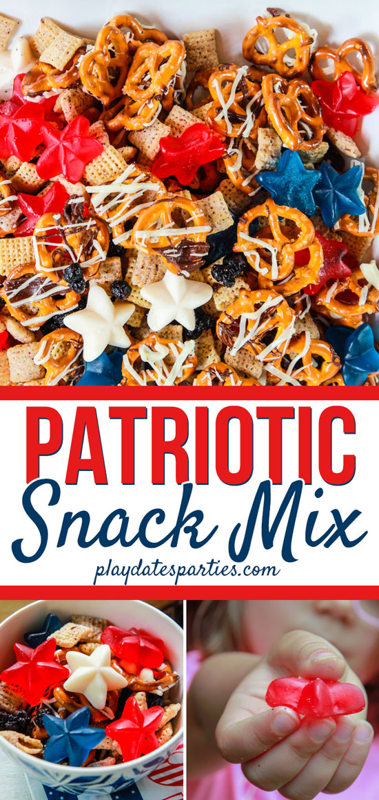 An image with the text with the text patriotic snack mix and a collage of images showing snack mix on a plate, in a bowl, and held by a child 
